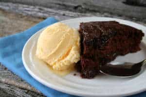 chocolate cake and vanilla ice cream